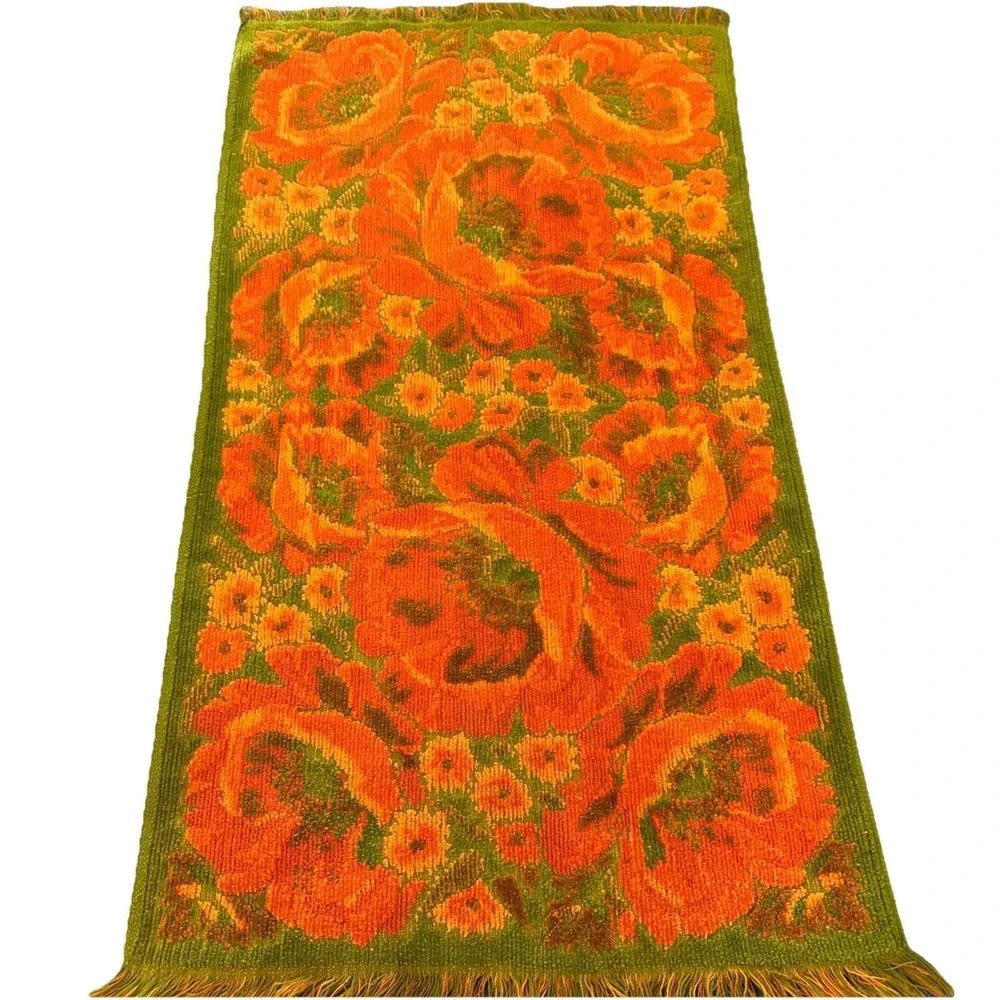 VTG Fieldcrest Orange Green Poppies 3 Towel Set Bath, Hand Towel and Washcloth